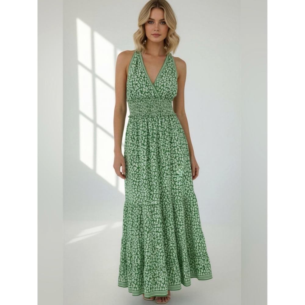 Max Studio London Green‎ Geometric Print Smocked Tiered Maxi Dress - Med